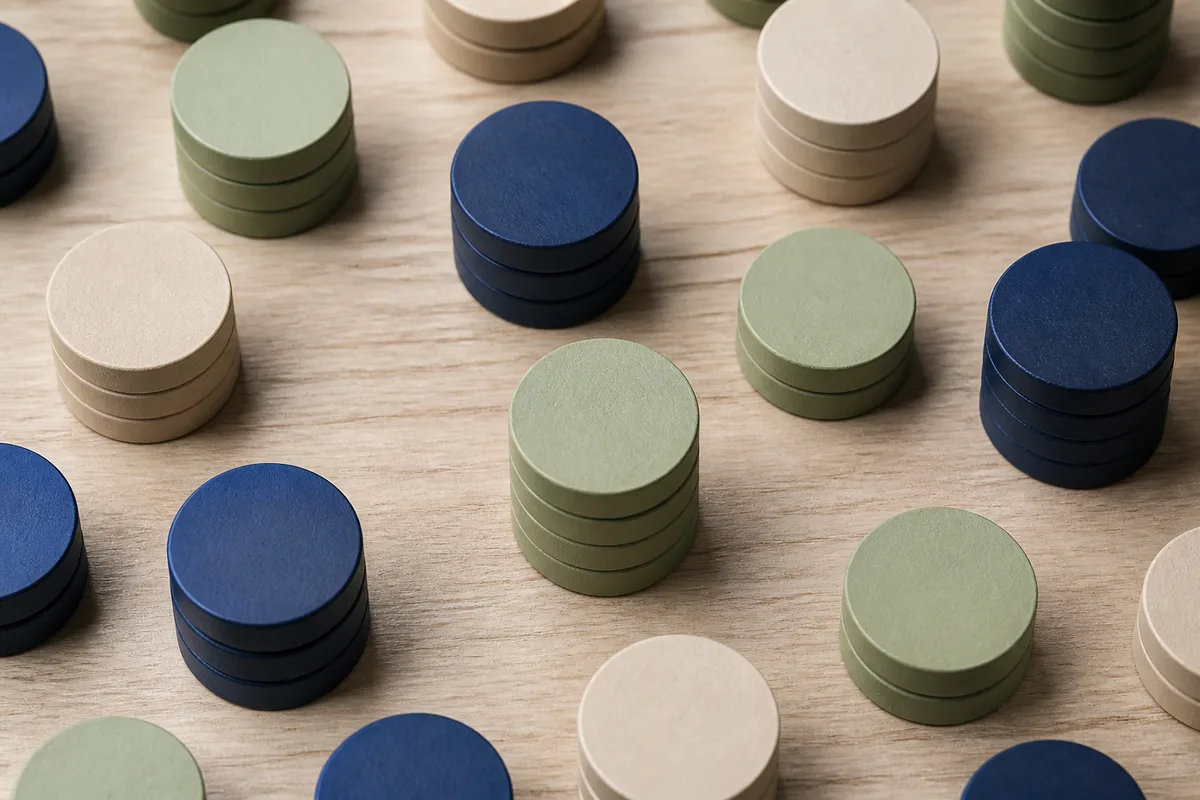 Jetons de bois colorés répartis en piles régulières sur un plateau de table clair