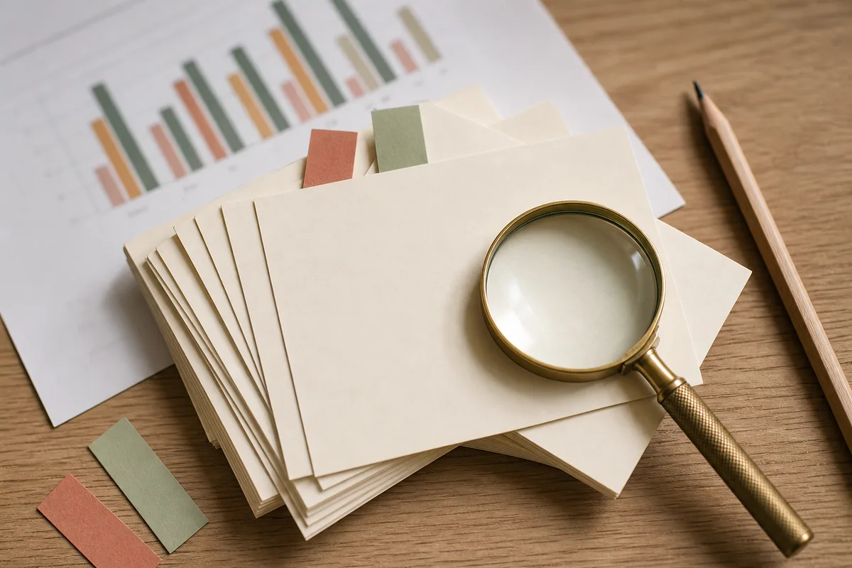 Fiches de recherche client et graphique flouté sur un bureau