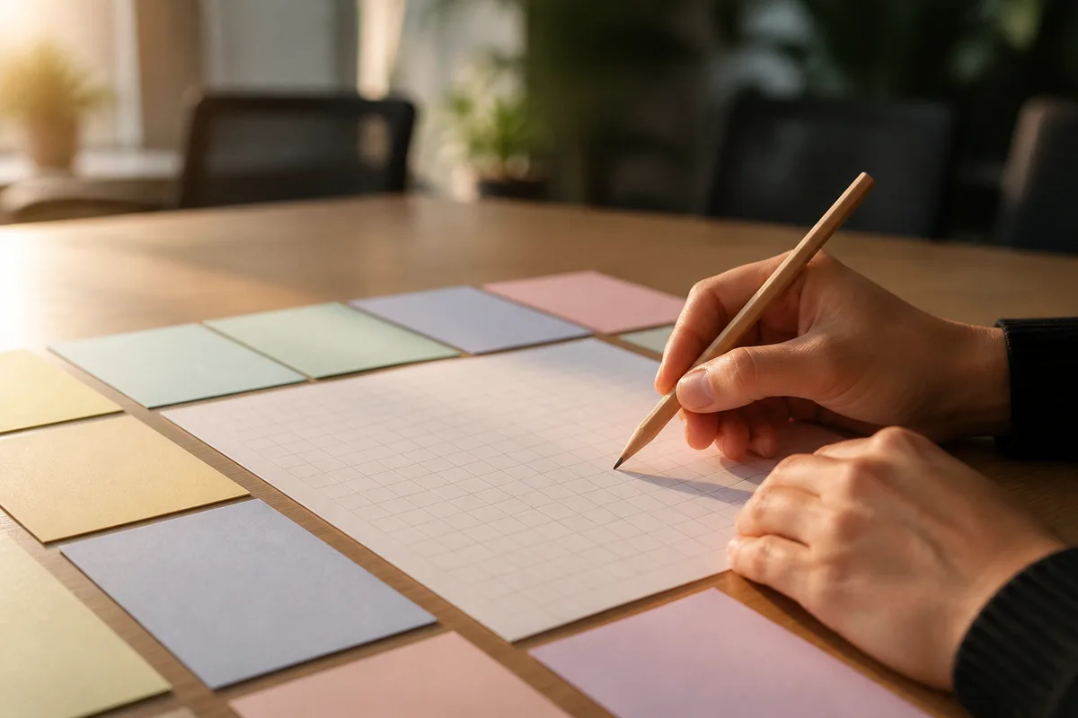 Mains tenant un crayon au-dessus d’une grille de papier quadrillé sur une table de réunion