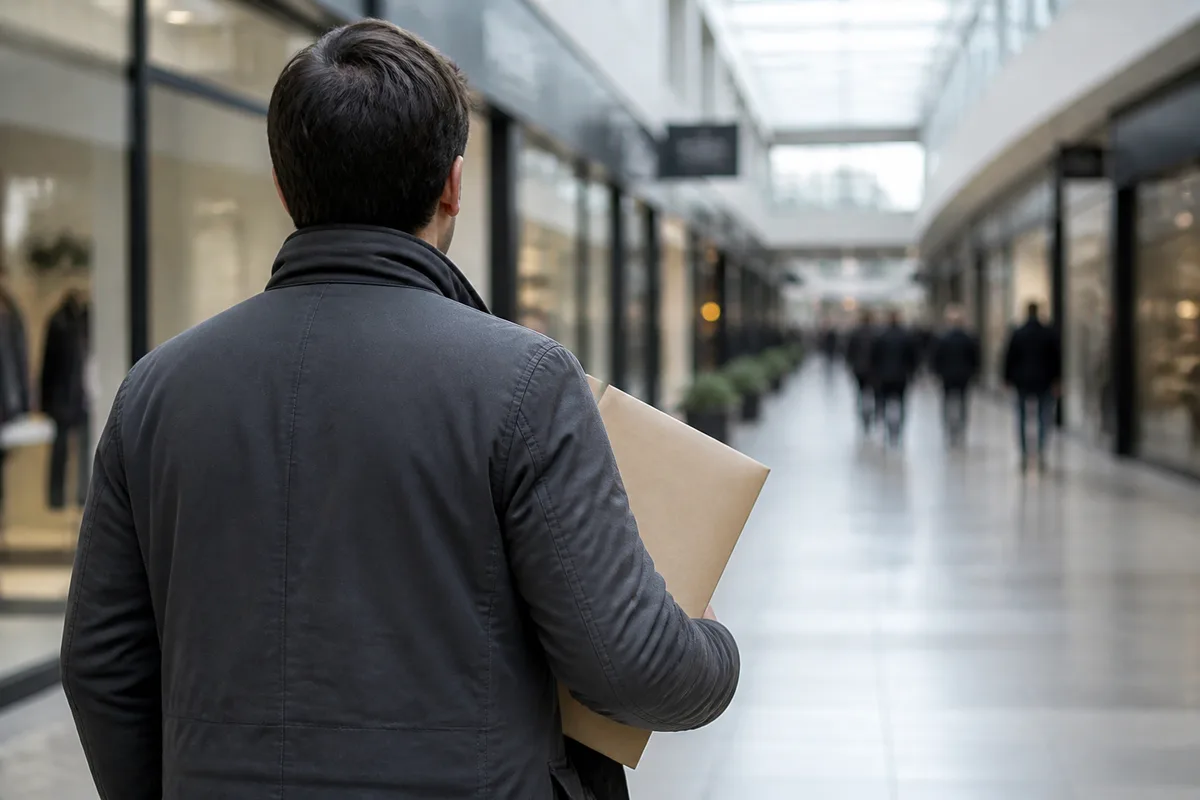 Enquêteur de dos serrant une pochette cartonnée lors d’une collecte terrain en zone commerciale