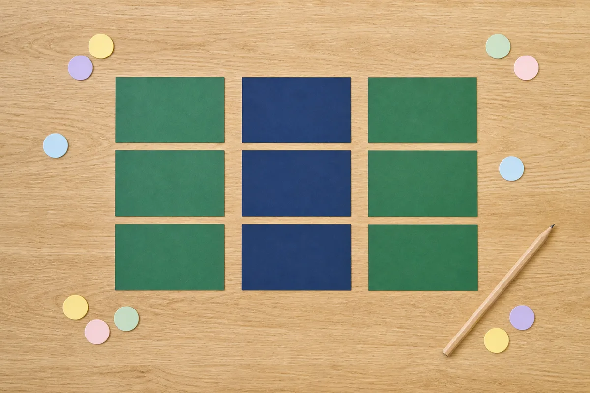 Plan de travail avec cartes de tri colorées et pastilles adhésives unies disposées en colonnes